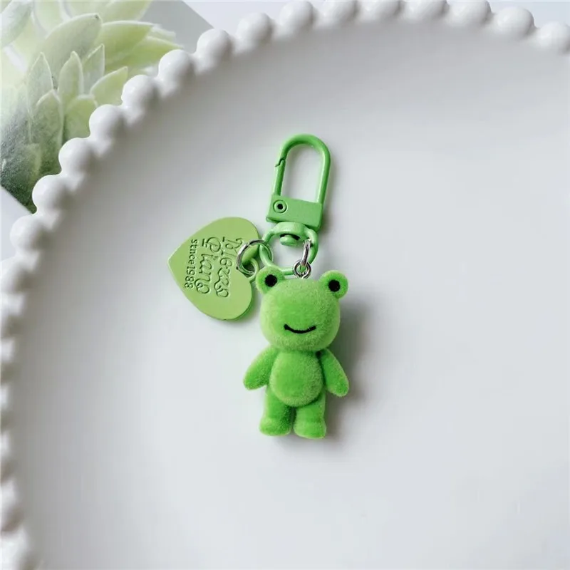 4 pcs Green Flocked Frog Animal Keychain Charms Pendants For Bag Pendant Handbag