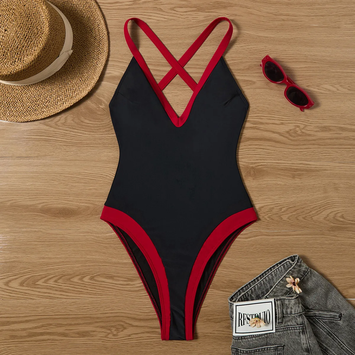 Splicing Criss Cross Backless Women Swimwear One Piece Swimsuit Female Monokini High Cut Leg Bather Bathing Suit Swim Beachwear