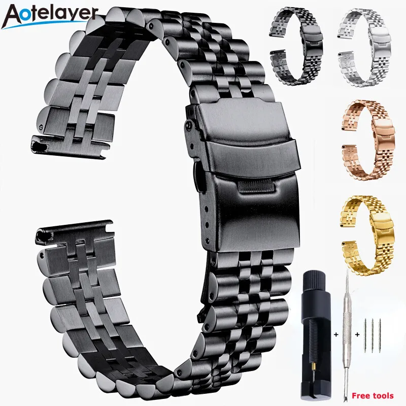 

18 19 20 21 22 23 24 26 28 30mm Width Solid Full Stainless Steel Watchband Luxury Big Size Quality Flat Head Universal Belt