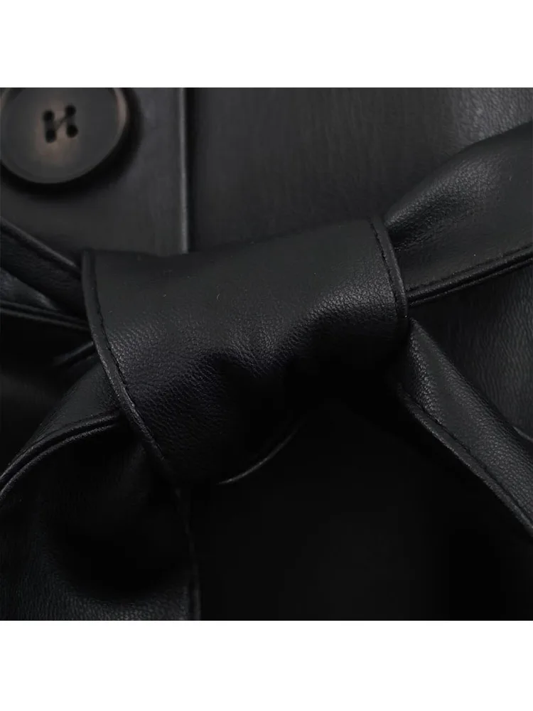 HH 女性用冬用暖かいジャケット ブラックファー ターンダウンカラー レースアップ装飾 シングルブレスト レディースファッション 長袖コート