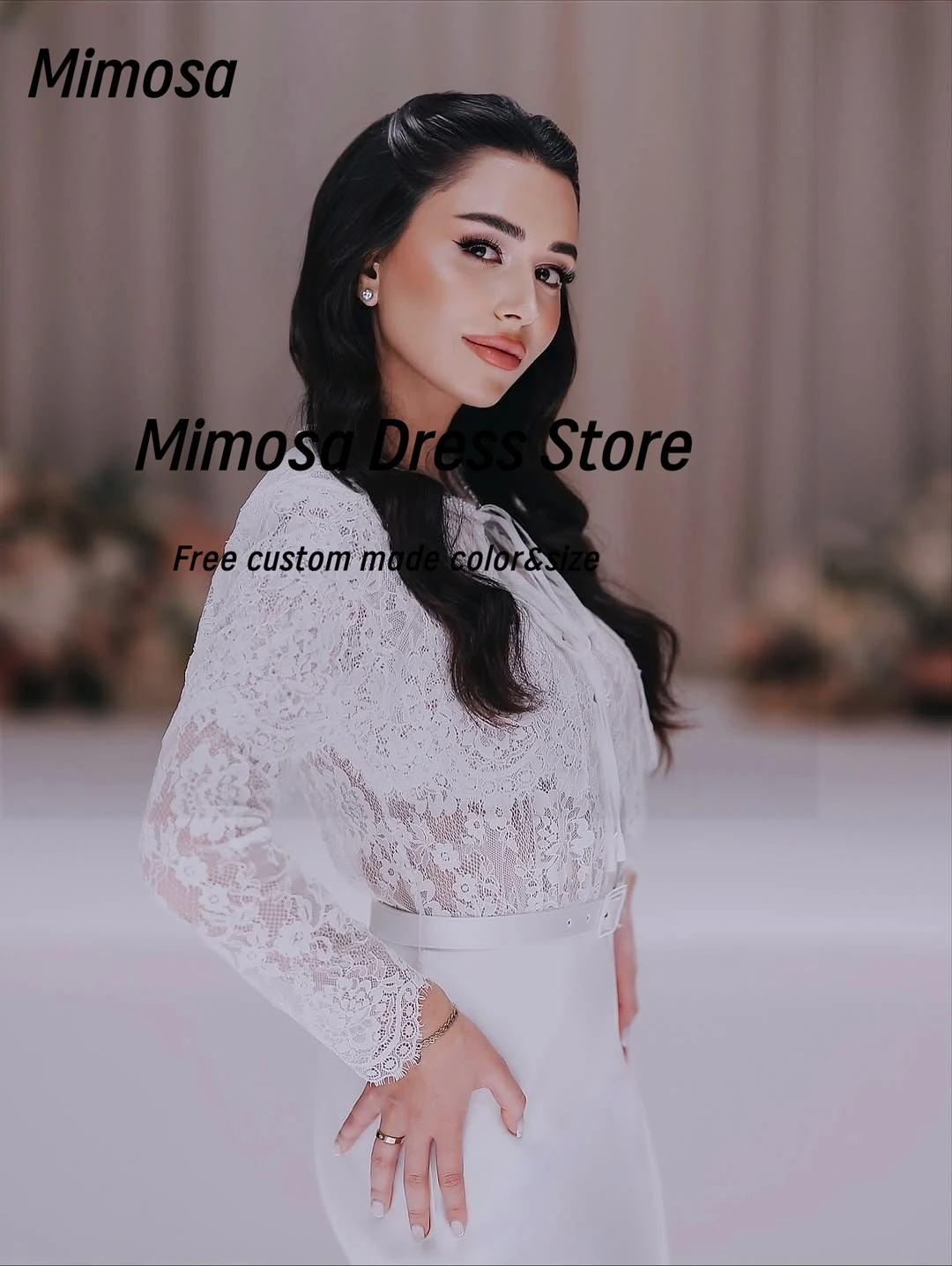 Mimosa Abiti da ballo da donna saudita Abito da sera a maniche lunghe in pizzo con fascia Abiti da festa formali per occasioni speciali personalizzati