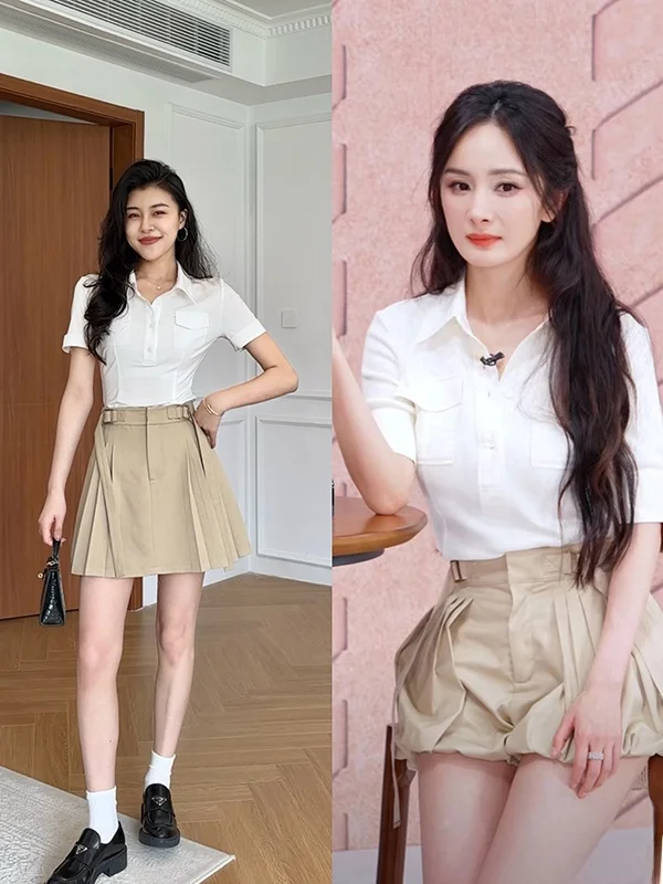 

Летний модный комплект Zhang a Xing: V-образный вырез, рабочая одежда, плиссированная юбка-брюки с высокой талией, короткий рукав, на пуговицах