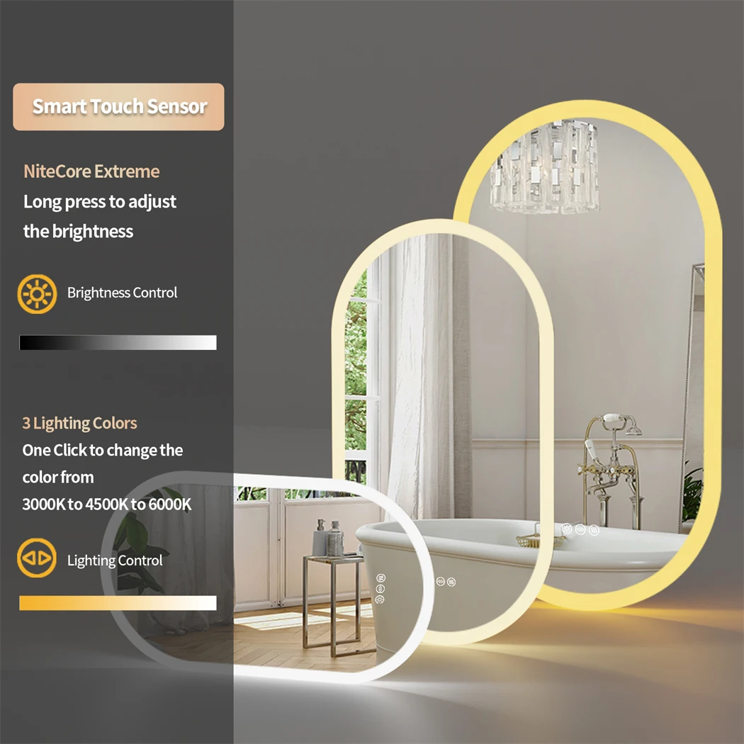 Oval LED Bathroom Mirror 500x1000mm Wall Vanity Mirror with Anti-fog 3 Colors Dimmable Lighting Smart Switch Memory Function