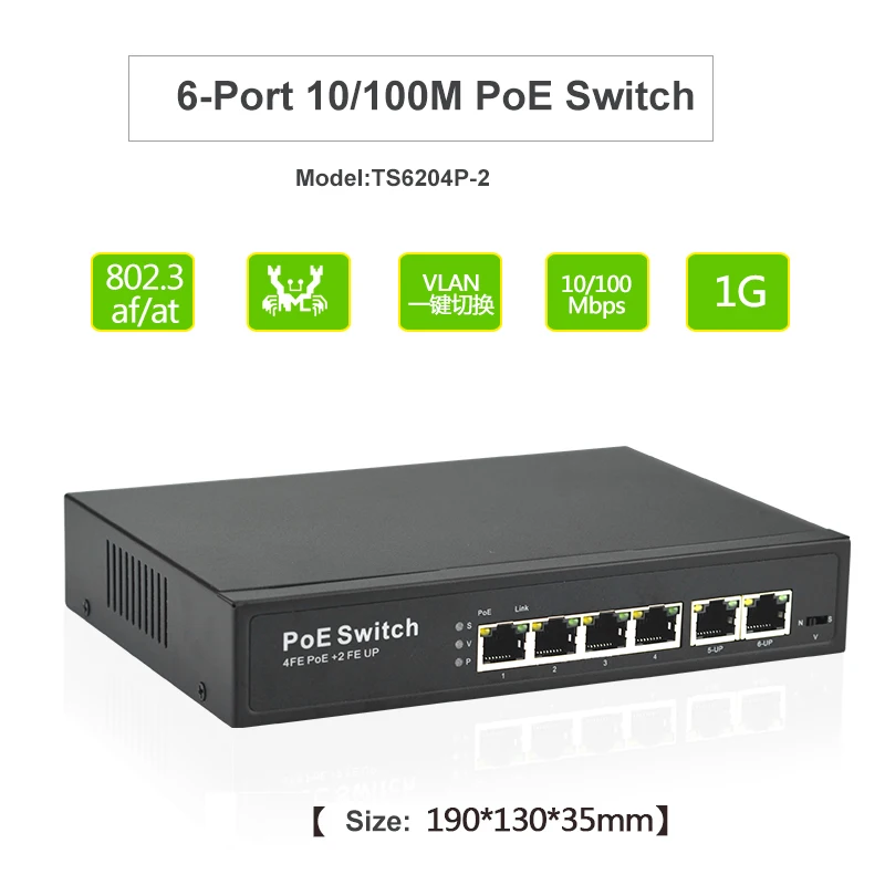 

6 Port Ethernet NtworkSwitch 100Mbps 48v 802.3af/at PoE Switch for CCTV Camera,Wireless Access Point