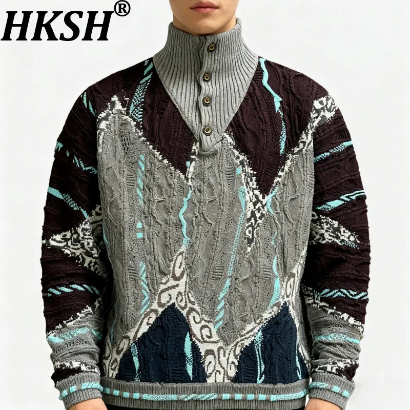 

HKSH Color-Block Half Turtleneck Button Patchwork Textured Niche Style Autumn Winter New Men Pullover Jacquard Sweater HK17017