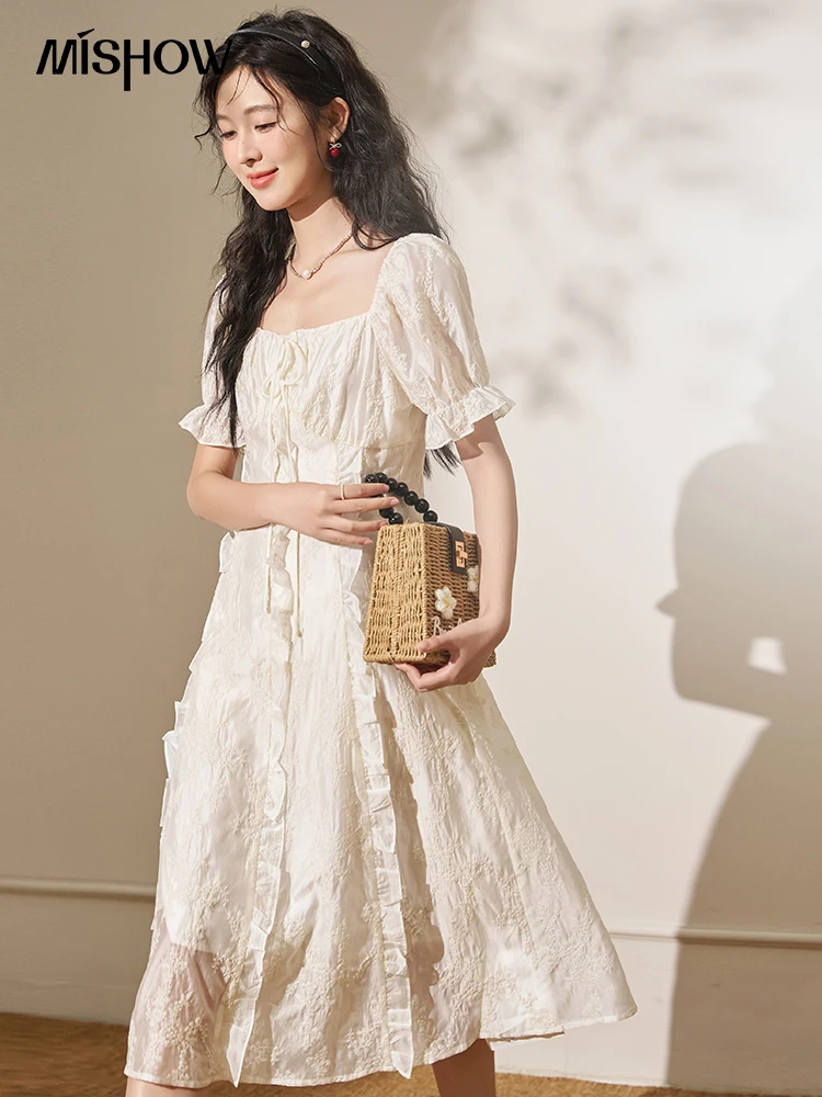 MISHOW Square Neck Vertical Stripe Ruffle Edge Dress 2024 Summer Tea Break French Bubble Sleeve Vacation Long Dresses MXD27L1808