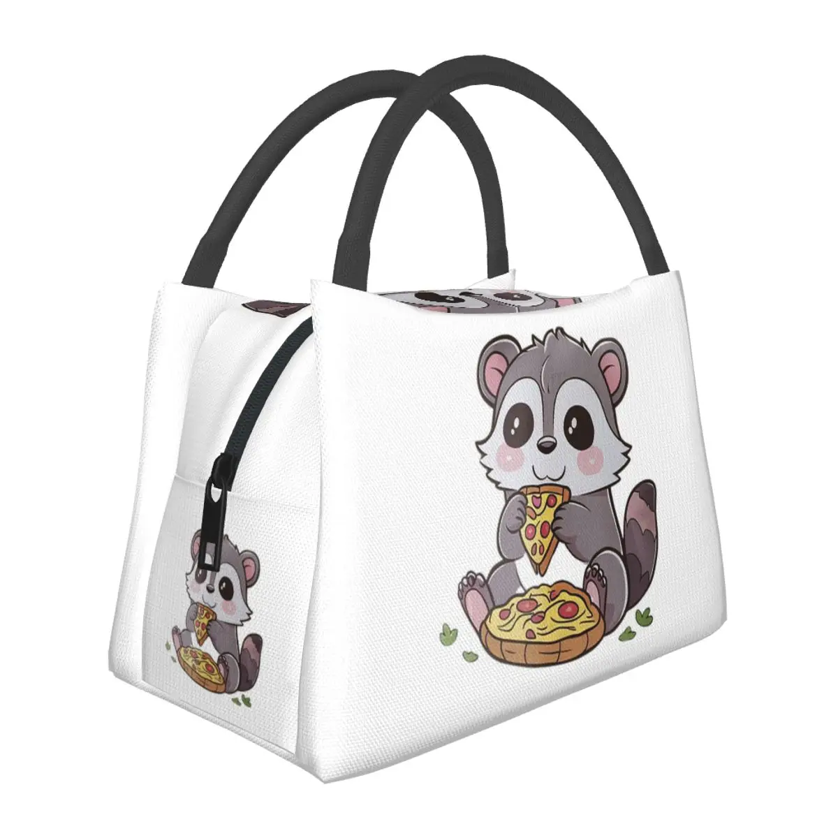 Cute Raccoon Eating Pizza Sticker Lunch Bags Insulated Bento Box Lunch Tote Picnic Bags Thermal Bag for Woman Student School