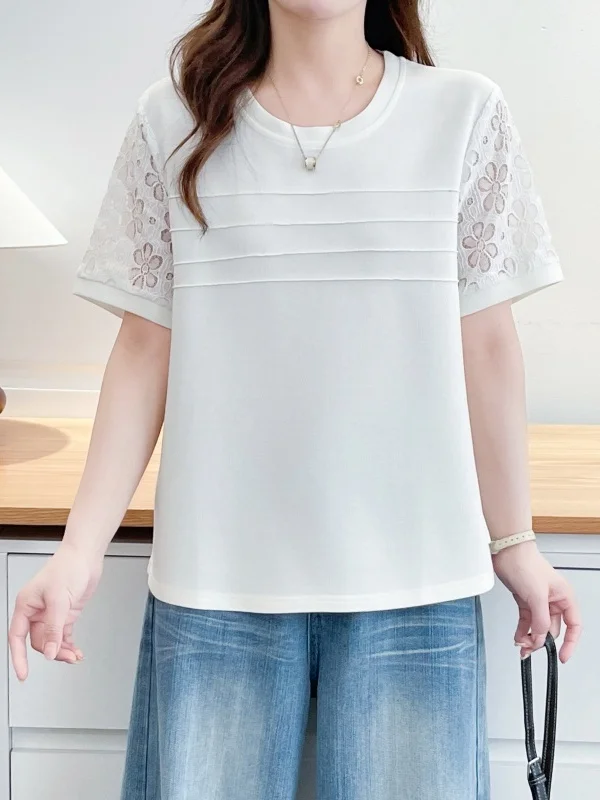 Casual Korean Style Women's T-Shirt Summer 2026 Hollow out Sleeve Splice round Neck Large Size Pullover Soft Comfortable Poly...