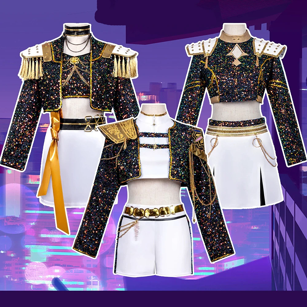 

Kpop Rumi Zoey Mira Cosplay Costume Black Gold Demon Hunters Halloween Set Party Role Playing Fantasia Outfit