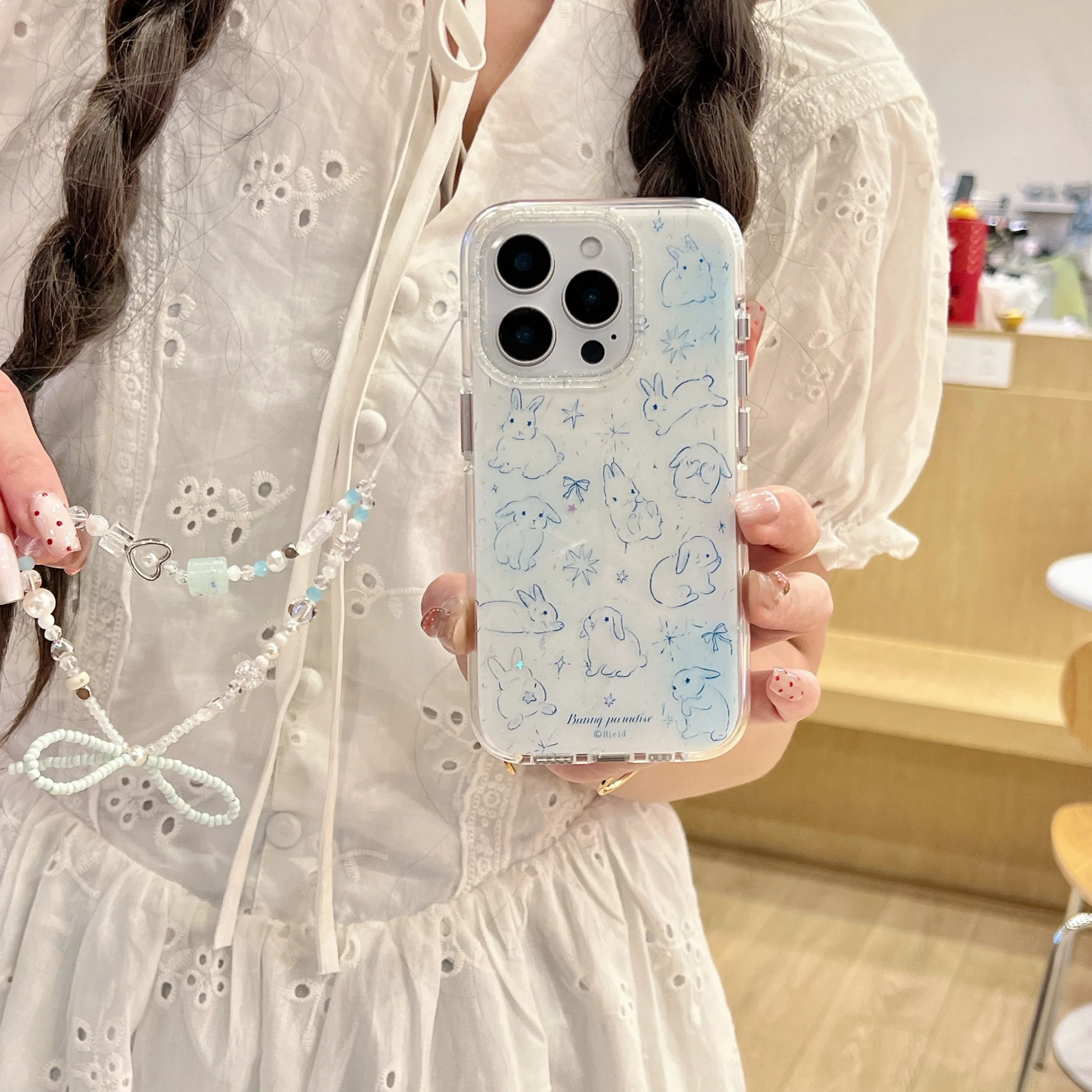 

Dual IMD Cartoon Blue-line Rabbit Phone case for iphone 16 Promax 15 14 13 Back Cover