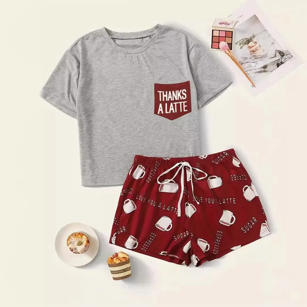 Casual Coffee & Letter Print Pajama Set Short Sleeve Crew Neck Top & Elastic Shorts Women\'s Sleepwear & Loungewear