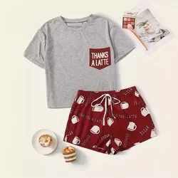 Casual Coffee & Letter Print Pajama Set Short Sleeve Crew Neck Top & Elastic Shorts Women's Sleepwear & Loungewear