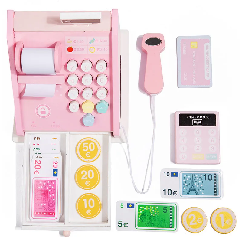 New Play House Toys Wooden Cash Register Toys Simulation Supermarket Checkout Counter Children Role-Play Toys Girl Birthday Gift