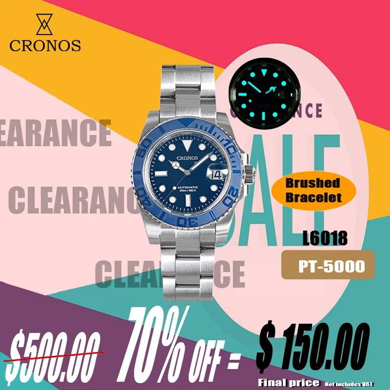 Cronos Sub Diver Men\'s Watches Bidirectional Ceramic Bezel 40mm 20ATM Water Resistant Full Brushed Bracelet L6018