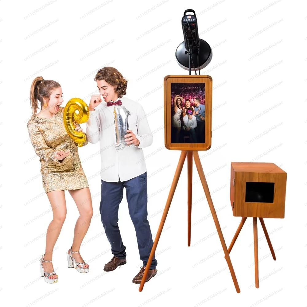 

18.5 Inch Double-Sided Retro Wooden Touch Screen Photo Booth Compatible with DSLR iPad Camera Optional Printer Stand