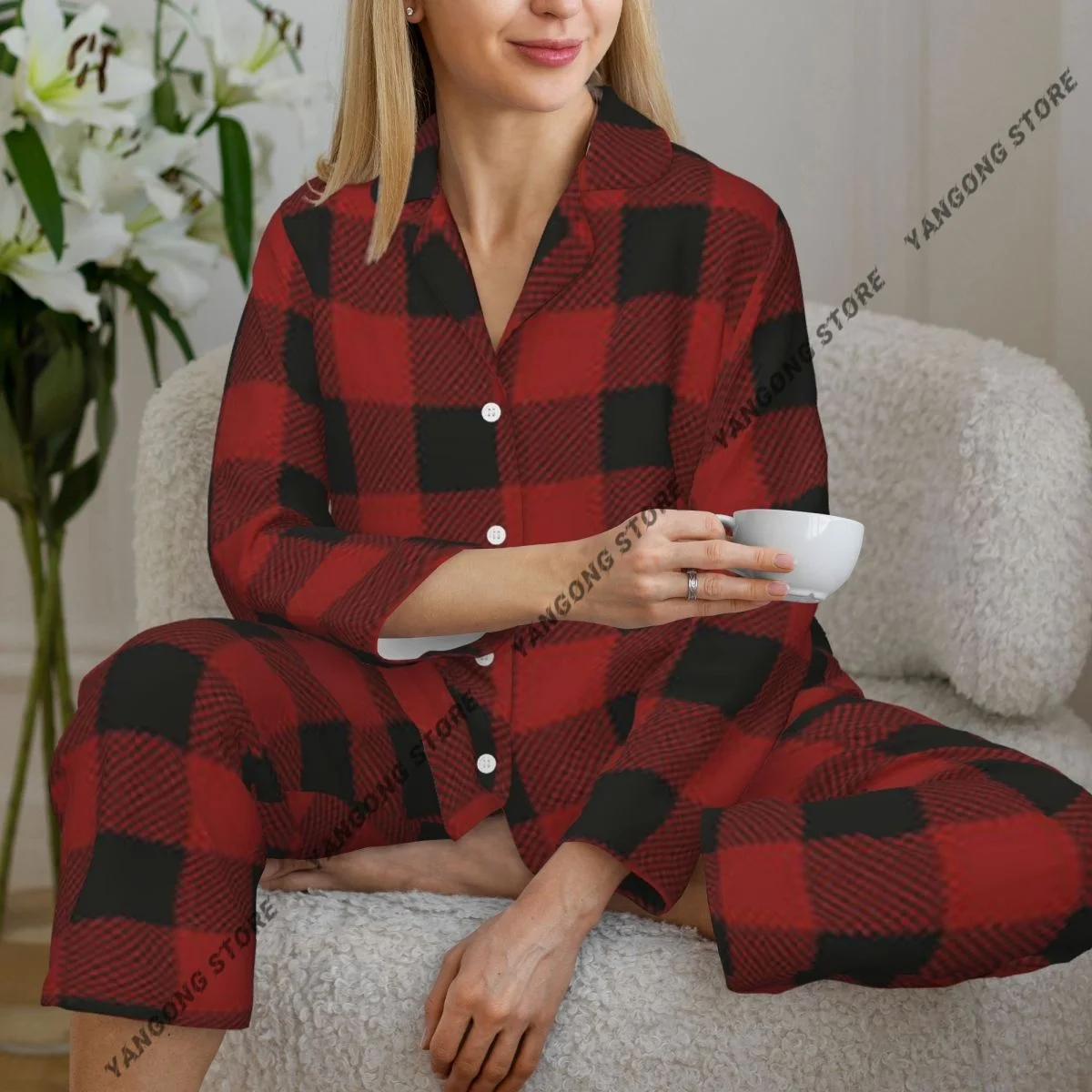 Spring and Autumn Pajama Set Women's Long Sleeve Pants Two Piece Lumberjack Plaid Pattern Home Furnishing Set
