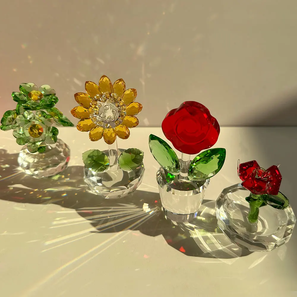 Highend Crystal Rose Flower Figurines Glass Flower Statue For Home Wedding Room Table Decor Girl Gift