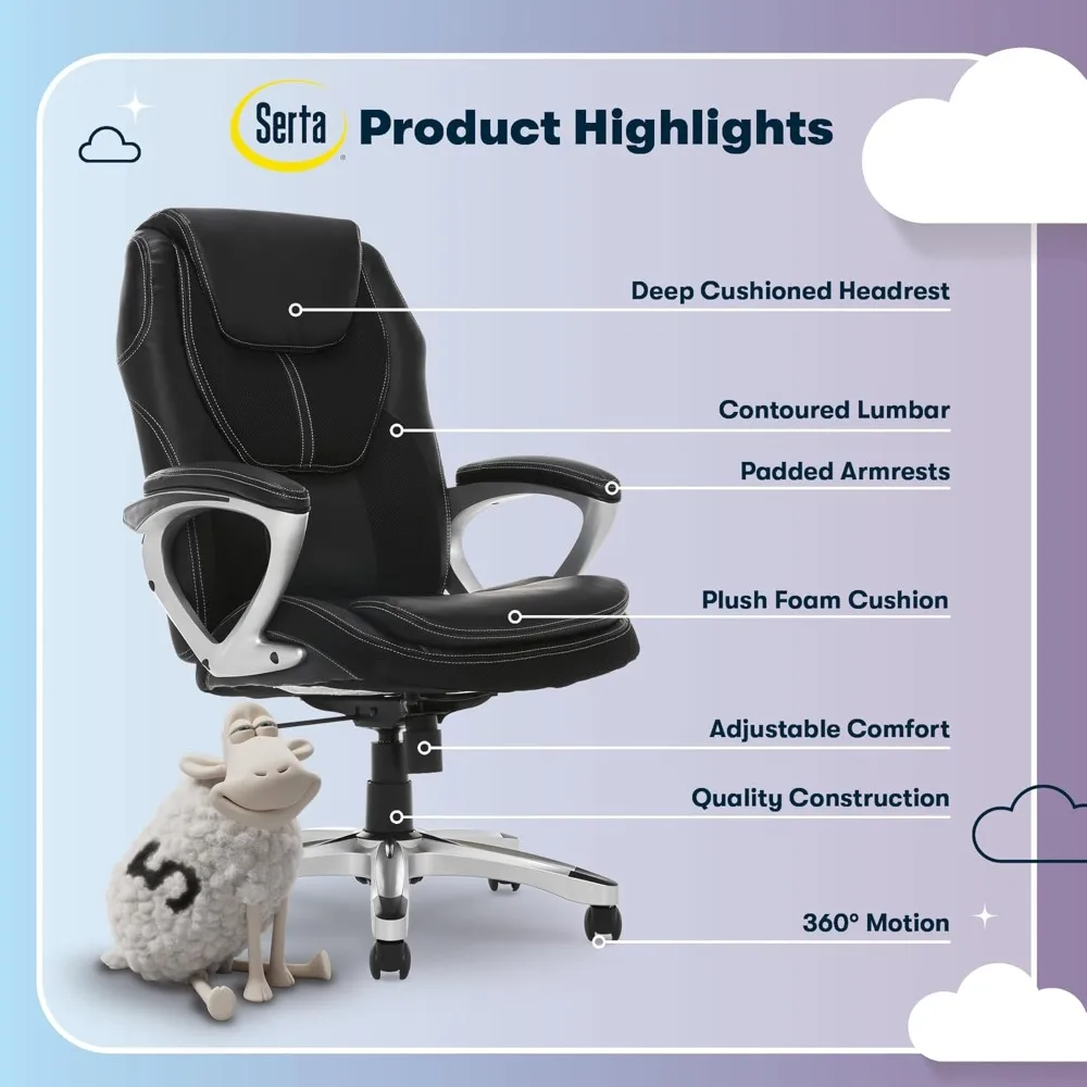 amplify executive office padded arms, adjustable ergonomic gaming desk chair with lumbar support, faux leather and mesh, black