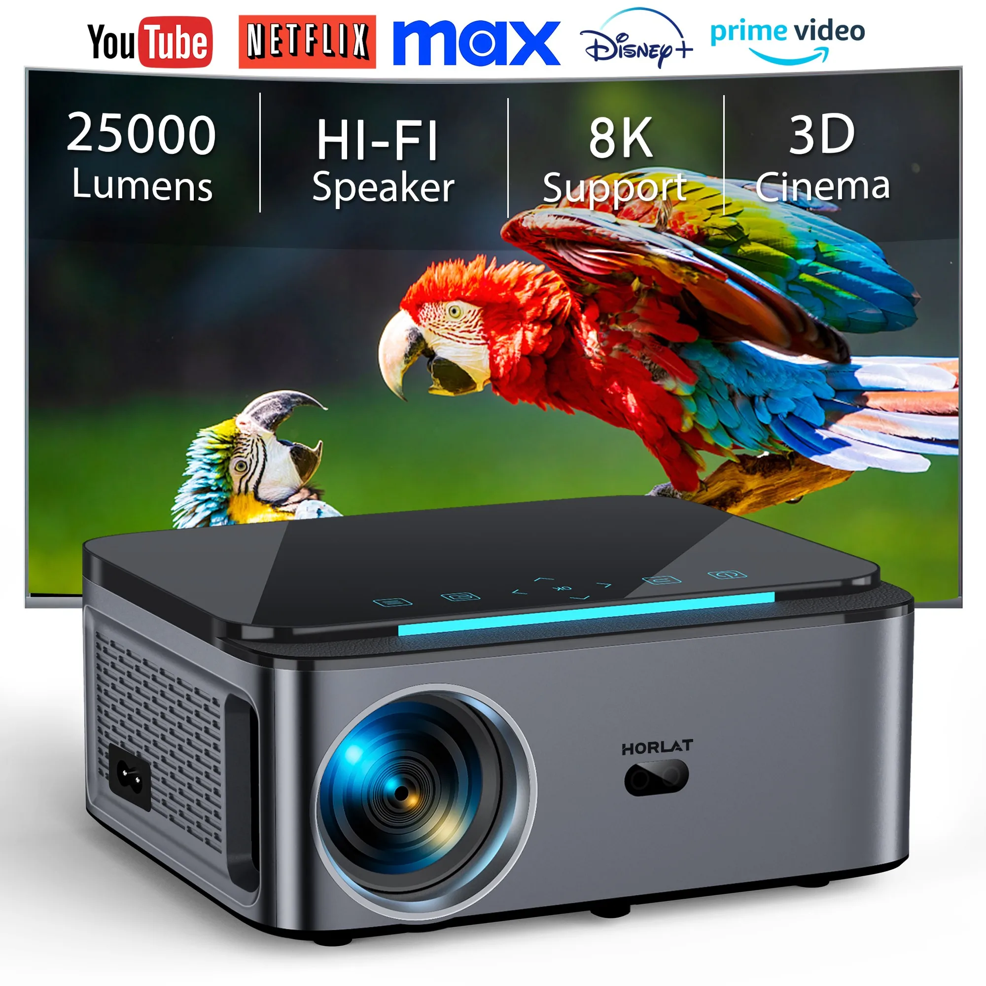 HORLAT 25000 Lumen Android Beamer Projector Full HD 1080P 8K Video Auto Keystone Home Theater 5G WiFi Draagbare TV Projector