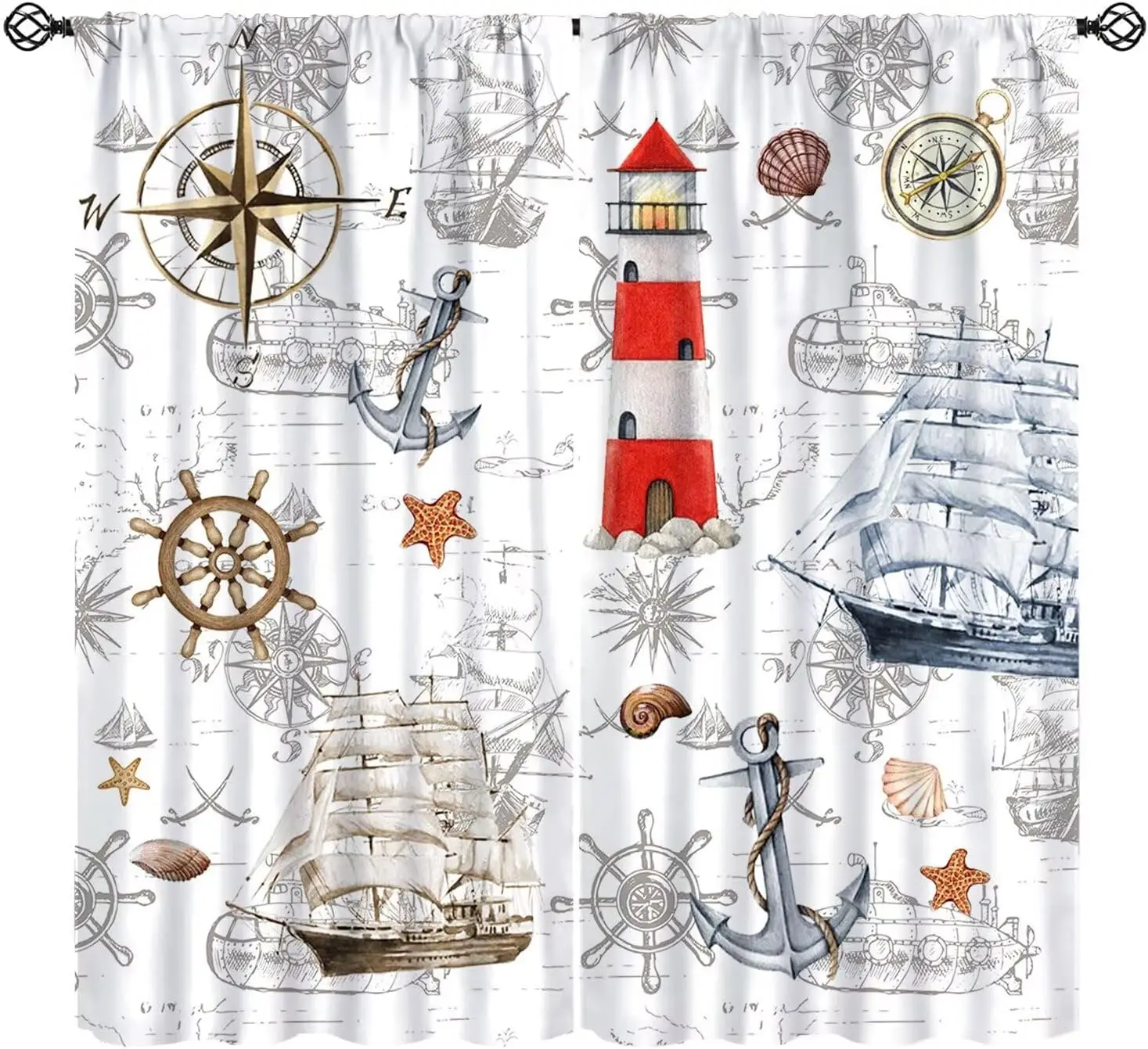 Nautical Advanture Curtains, Vintage Map Ocean Sailboat Window Treatments Lighthouse Compass Anchor Window Drapes for Girls Boys