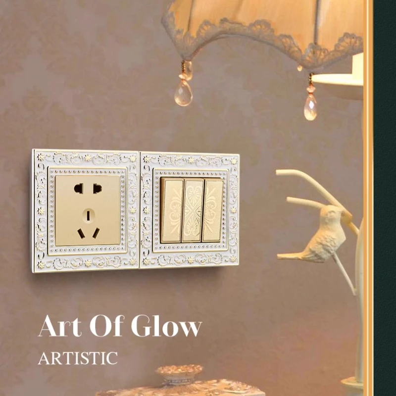 Golden Baroque Switch Socket European Vintage Brass Power Outlet 86-Type Floral Wall Plate Luxury Classic Rocker Light Switch