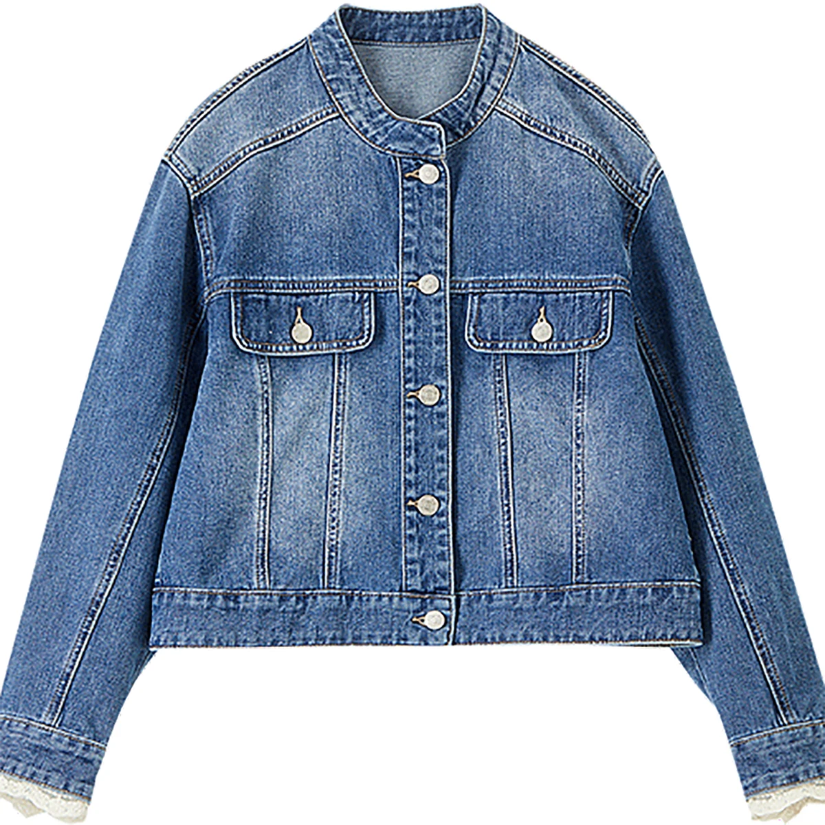 SENTUBILA Vintage Denim Jackets Women 2025 100% Cotton Patchwork Lace O-Neck Long Sleeve Single Breasted Outerwear W53WD3695X