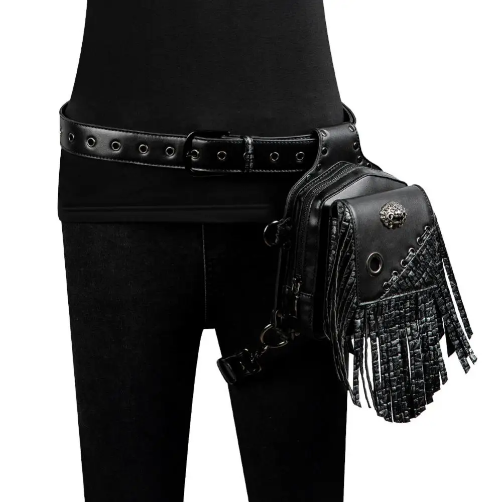 Unisex Steampunk Style Waist Bag Punk One Shoulder Bag Pu Leather Outdoor Tactical Bag Women's Tassel Hanging Bag Black