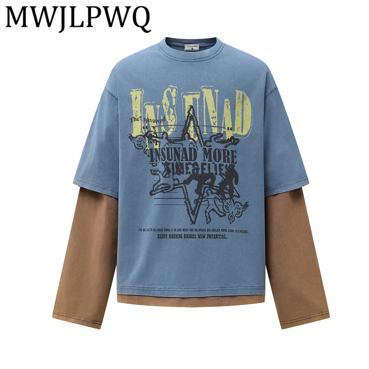 

MWJLPWQ Men's American Street Style Trendy Base T-Shirt Color Block Fake Two-Piece Long Sleeve Casual Tops 2025 Autumn New 21222