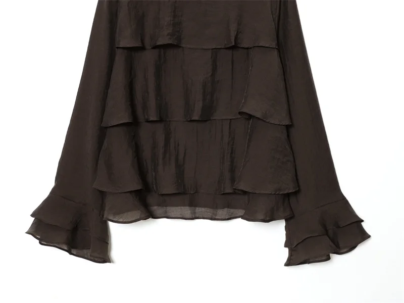 Haut femme 2025 automne nouveautés marron foncé à manches longues couches décoratives haut ample décontracté mode Style polyvalent