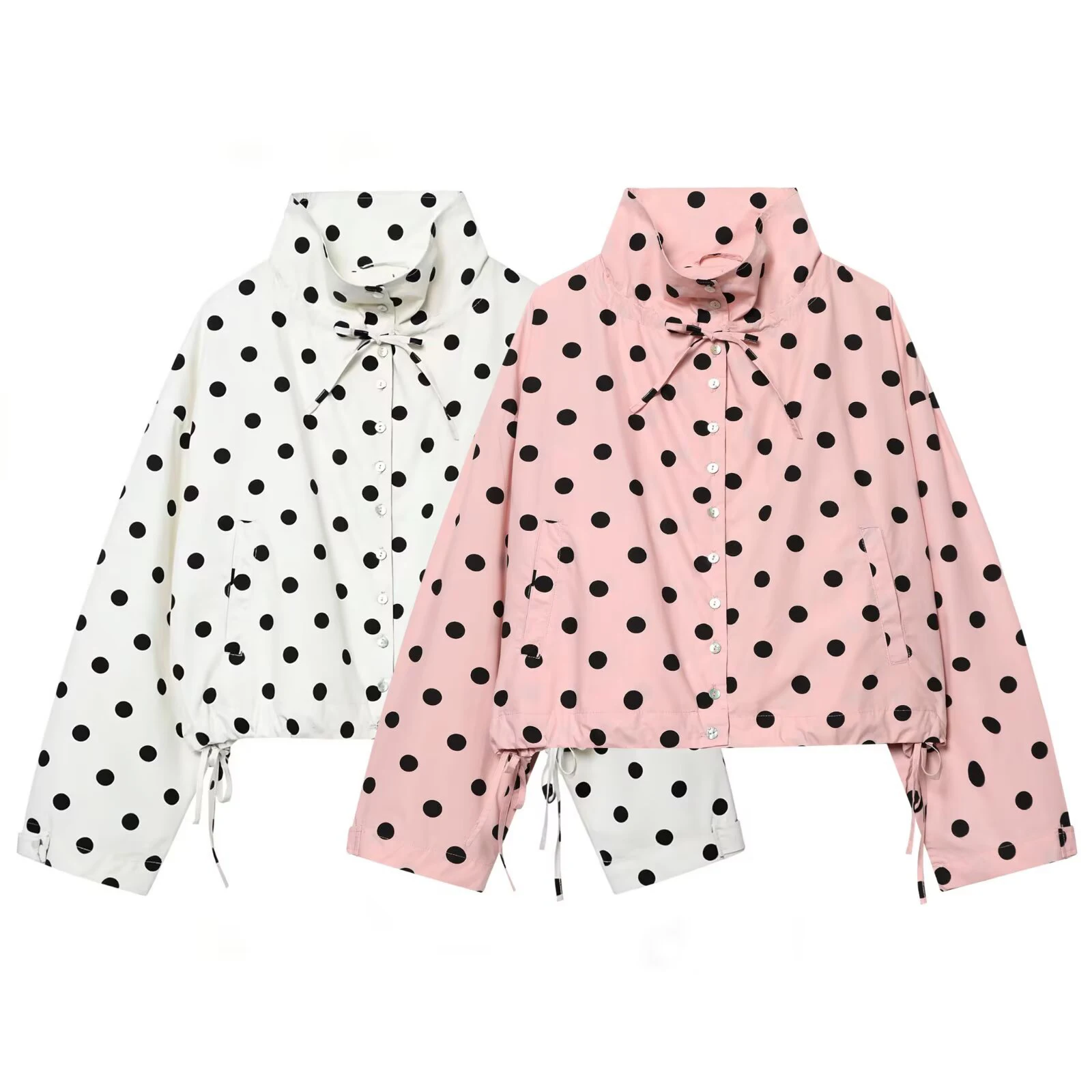 Europäischer und amerikanischer Stil 2026 Frühjahr Neue Damen Freizeitjacke mit Schleifenverzierung und Polka Dots, Stehkragen