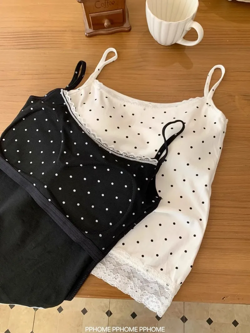Neues, angesagtes Mädchen-Style Spitzen-Top mit Polka Dots, ärmellos, mit festem Brustpolster, als Unterwäsche oder Oberbekleidung geeignet. – Detail 12
