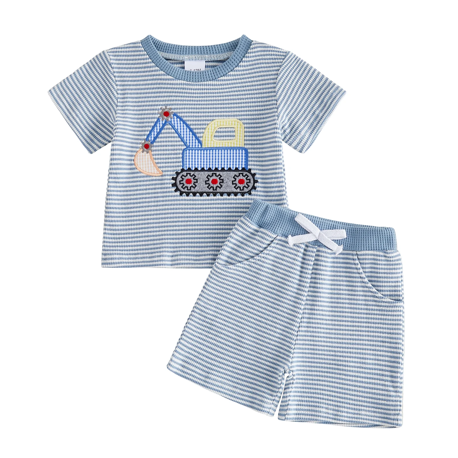 

Toddler Baby Boy Summer Outfit Excavator Embroidered Striped Short Sleeve T-shirts and Shorts 2 Piece Set