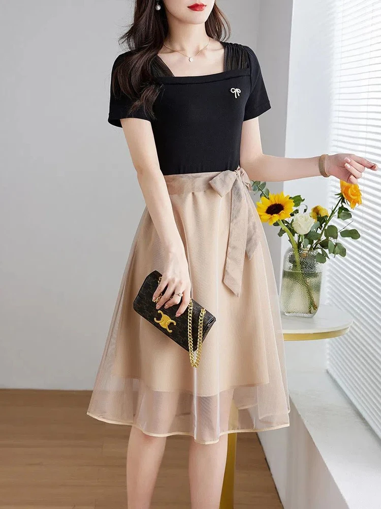 

Mesh splicing fake two-piece dress summer new commuter casual big size skirt