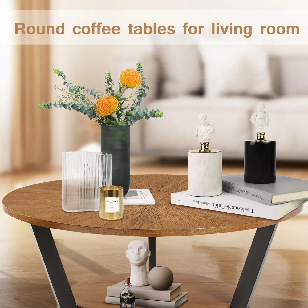 Coffee Table, Round Wood Coffee Table for Living Room with 2-Tier Table Top with Storage Rack, Metal Leg Triangle Support Design