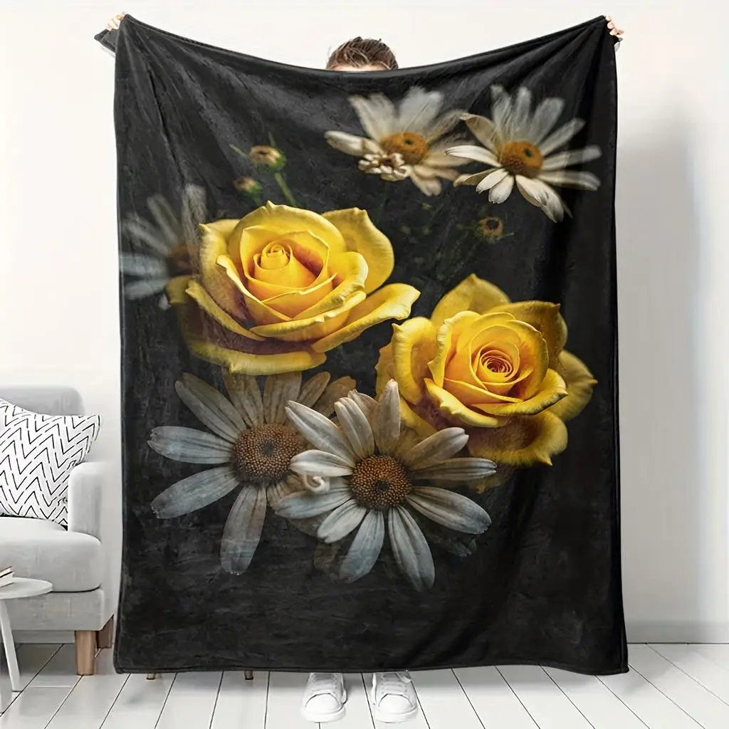 Luxurious Floral Print Throw Blanket Yellow Rose Daisy Bouquet Artwork Cozy Couch Throw for Sofa Bedding Home Decor Gift