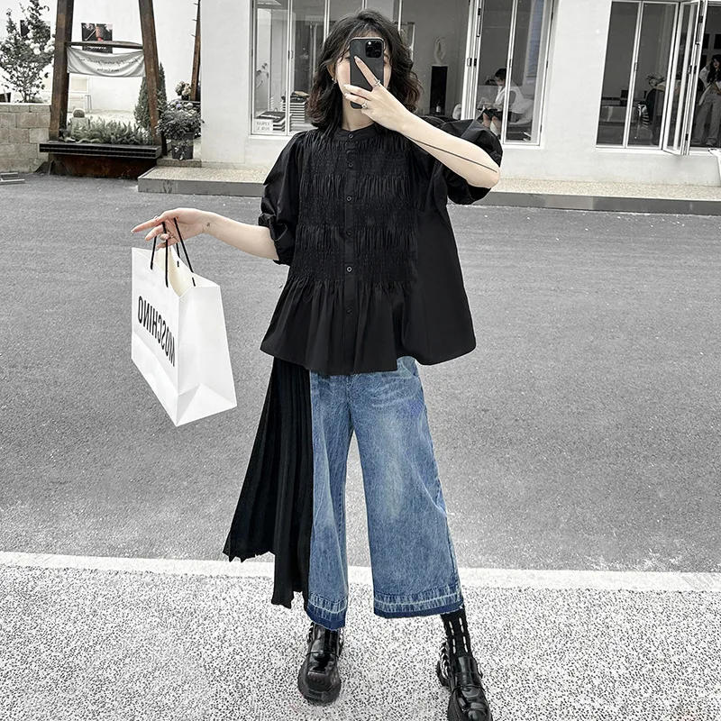 2026 New Fashion Women's Retro HK Style Color-blocked Patchwork Pleated Jeans Summer Stylish Loose Straight Casual Ankle Pants