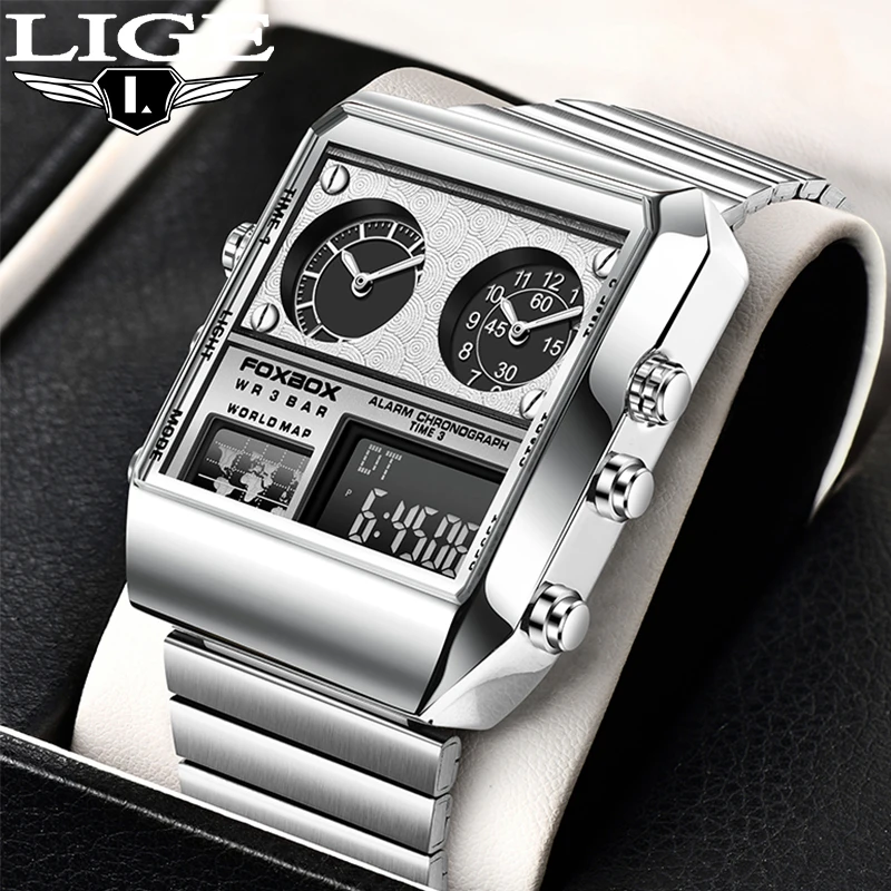 LIGE Top Brand Watch for Men Luxury Silver Sport Quartz Digit Dual Display Wristwatch Stainless Steel Waterproof Date Clock Male