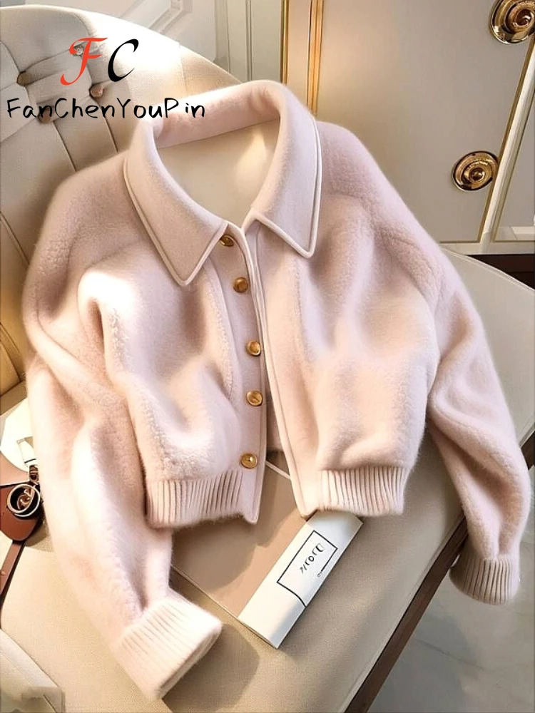 Otoño Invierno nuevos abrigos de mujer moda versátil dulce Chaqueta corta de manga larga Vintage Casual Rosa elegante Harem abrigo coreano