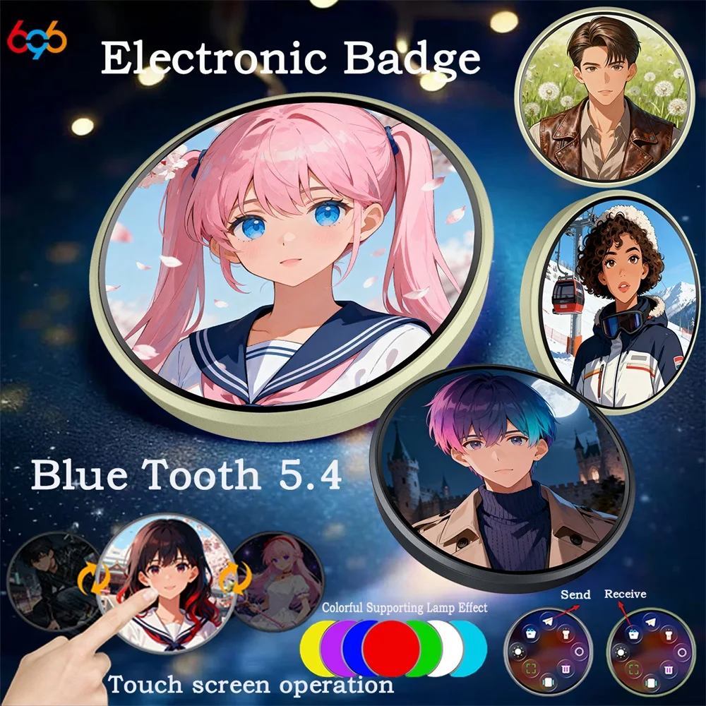 Blue Tooth Elektronisches Abzeichen, Musik- und Videowiedergabe, farbige Lichter, dynamisches Bild, Touchscreen, bidirektionale Übertragungs-Brosche