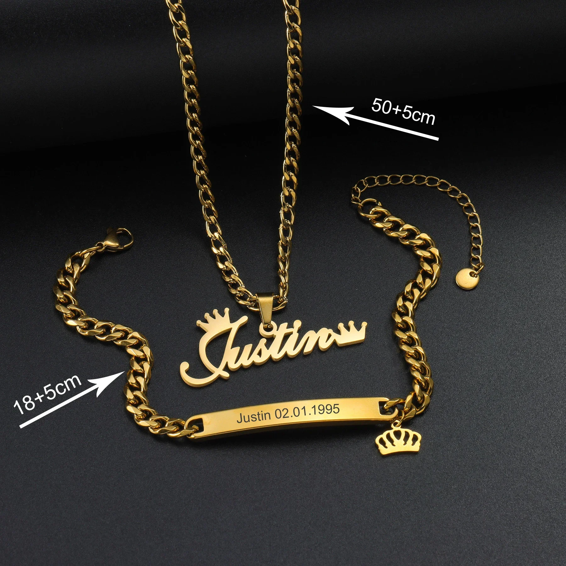 Customized Name Necklace Bracelet Jewelry Sets for Men Women Couples Stainless Steel Personalized Punk Set 4mm Cuban Chain Gift view 4