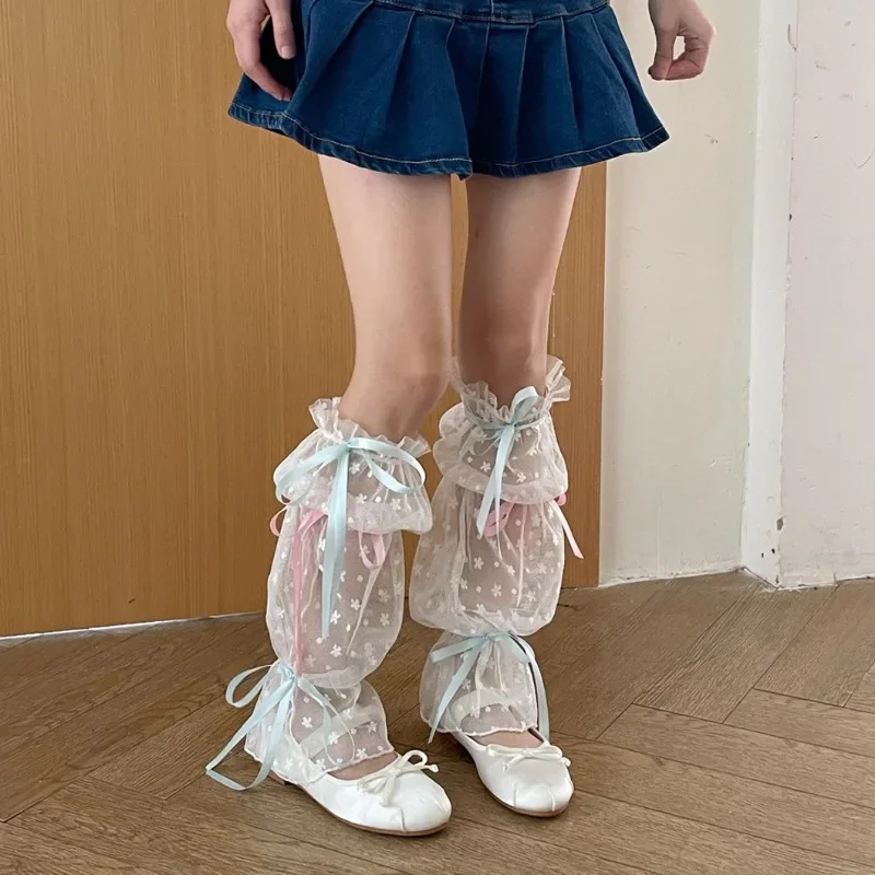 Sweet Bow Ribbon Leg Warmers for Women Transparent Lace Flower Leg Cover French Ballet Socks Girls Jk Lolita Skirts Accessories