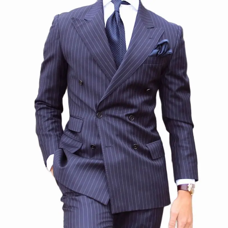 

2 Piece Pinstripe Men Suits Double Breasted Wedding Tuxedos Slim Fit Formal Business Boyfriend Suit Male Set Jacket with Pants