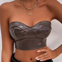Sexy Tank Top Glossy PU Leather Halter Crop Tops Women Wrap Chest Bare Midriff Camisole Sleeveless  Tube Top Female Cropped Vest