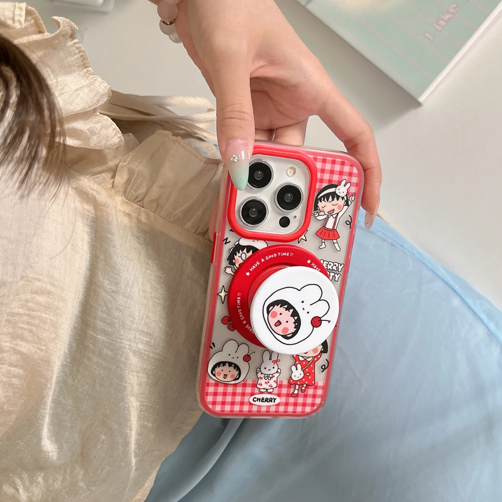 Super Kawaii Red Transparent For Chibi Maruko-chan Shell Bracket High-Quality Phone Case For iPhone16 14 15 Pro Max Anti-Drop