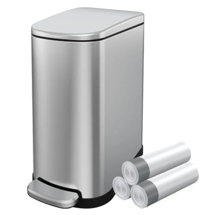 

Slim Bathroom Trash Can with Lid 2.6 Gallon 10 L Stainless Steel Step Small Garbage Can with Removable Inner Bucket Soft Close