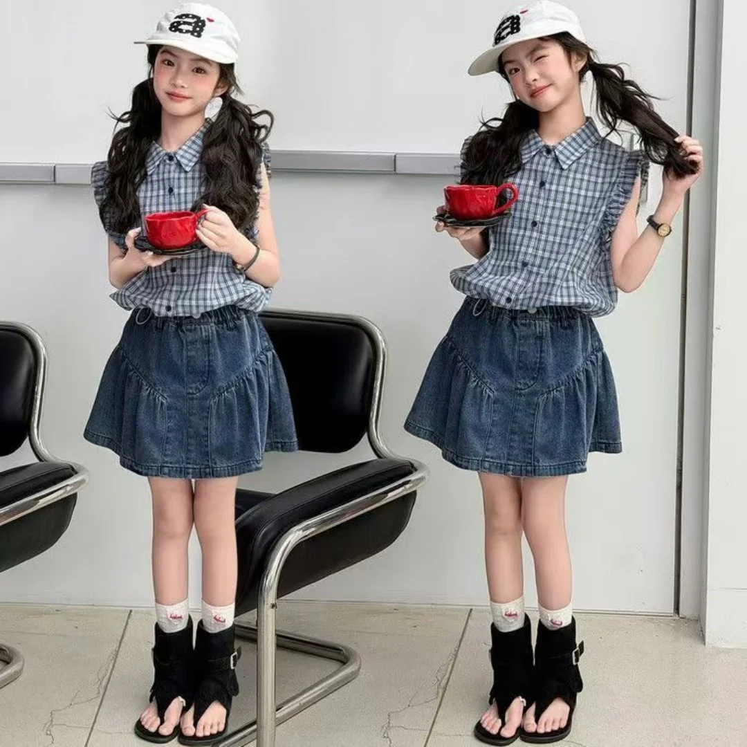 

2026 Spring/Summer New Kids' Flannel Square Neck Sleeveless Shirt Set for Girls-Tunic with Shorts 2-Piece Set