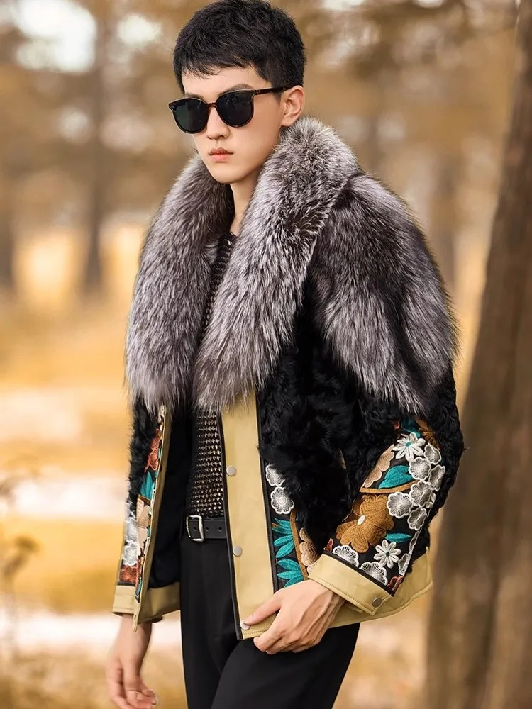 Runway Designer Men Fox Fur Collar Real Sheep Fur Jacket Leather Spliced Vintage Floral Embroidery Coat Luxury Banquet Overcoat