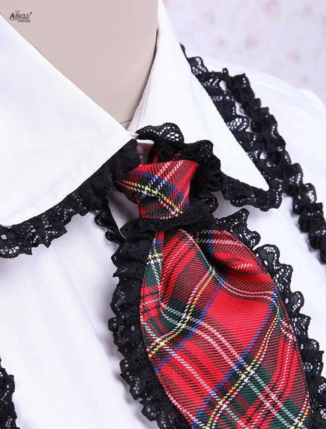 Ainclu Womens Cotton Lolita Suits Including White Puff Short Sleeves Lolita Blouse And Checkered Classic School Lolita Skirt view 5
