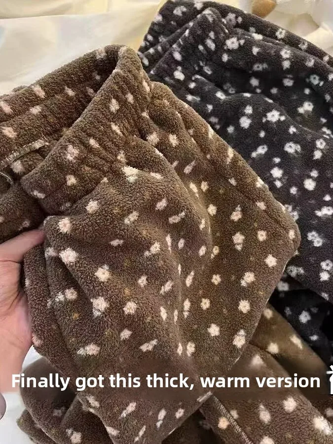 Thickened Floral Print Fleece Lined Casual Sleepwear Pants Warm Home Pants Loose Fit Comfortable Winter Leisure Trousers