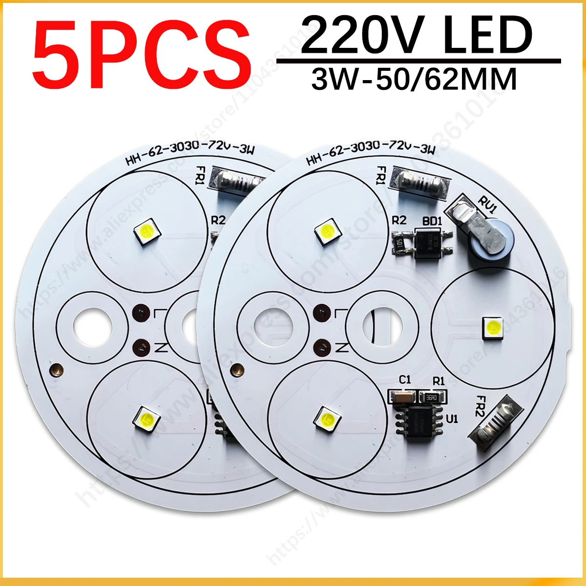 

5 шт. 3W 50/62 мм AC220V LED 3030 SMD лампа-плата, не требующая драйвера, источник света, белый/теплый белый, панель PCB